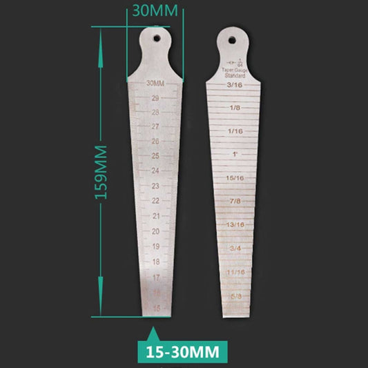 Stainless steel wedge feeler gauge, 15–30mm taper range, with size guide overlay