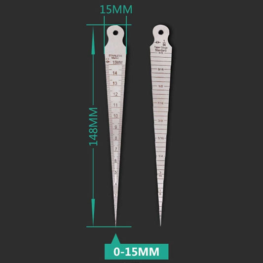 Feeler gap gauge set with 0–15mm range, 15mm tip size, and 148mm length markings