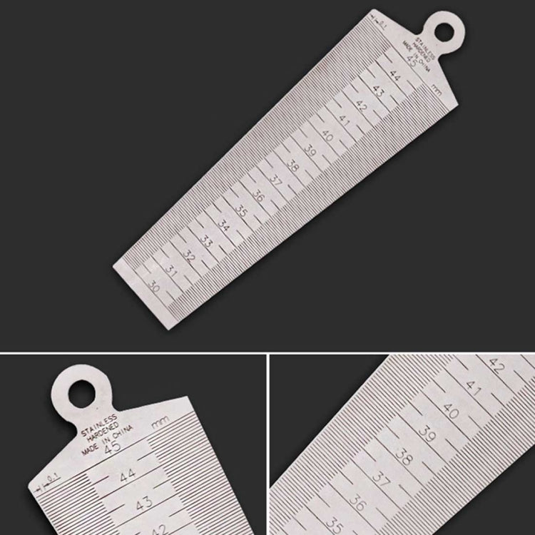 Metric stainless steel taper gap gauge ruler, white strip with circular hole; multiple angles shown