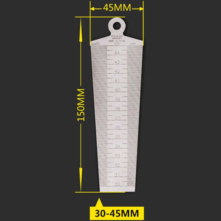 Metric taper gap gauge ruler with 30–45 mm range and 45 mm top length, hanging hole