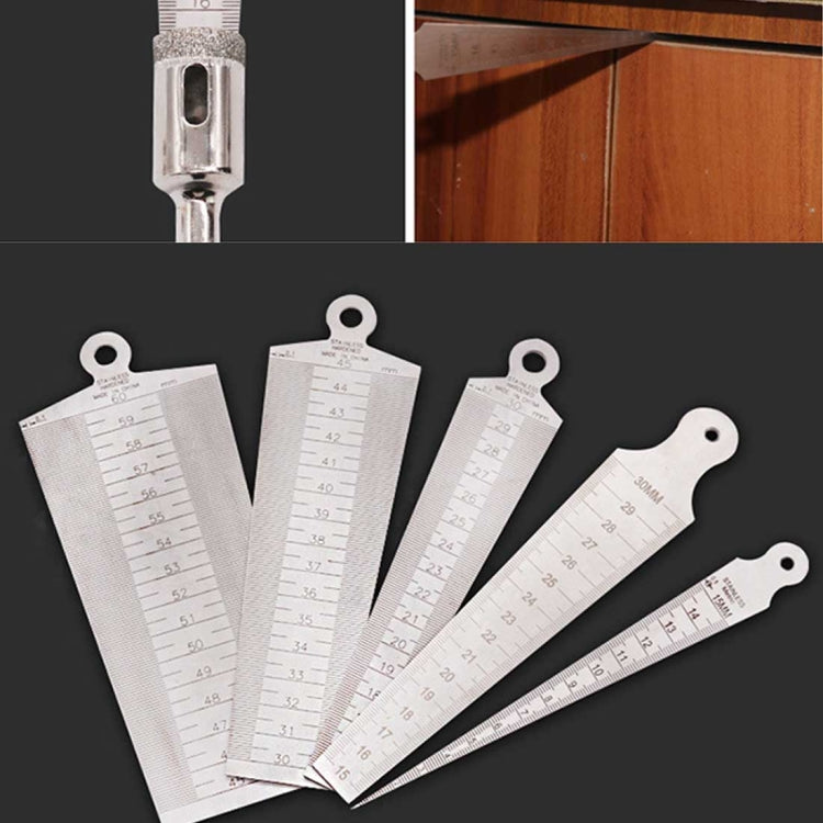 Set of stainless steel metric taper gap gauge rulers, white strips with hanging holes