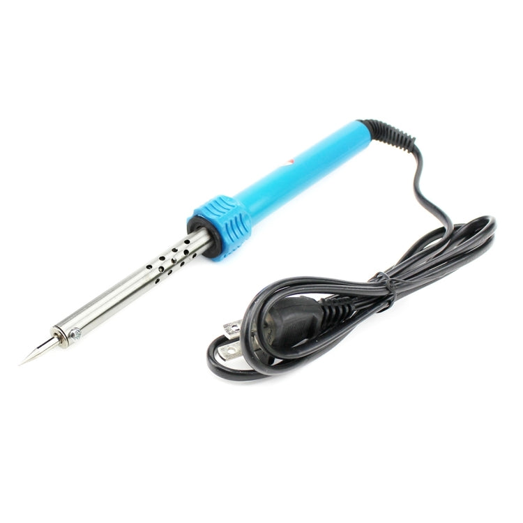 Handheld electric soldering iron with blue handle and black power cord