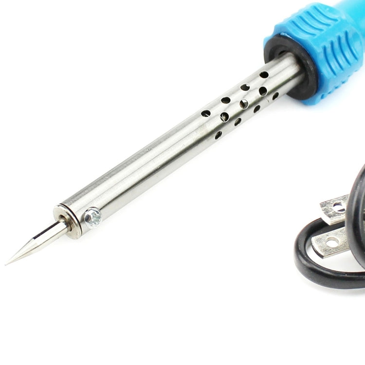Soldering iron tip and perforated metal barrel with blue heat-shield handle
