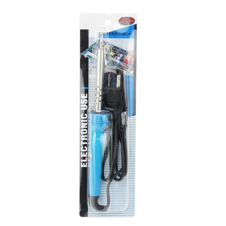 Retail package for an electric soldering iron with blue handle and power cord