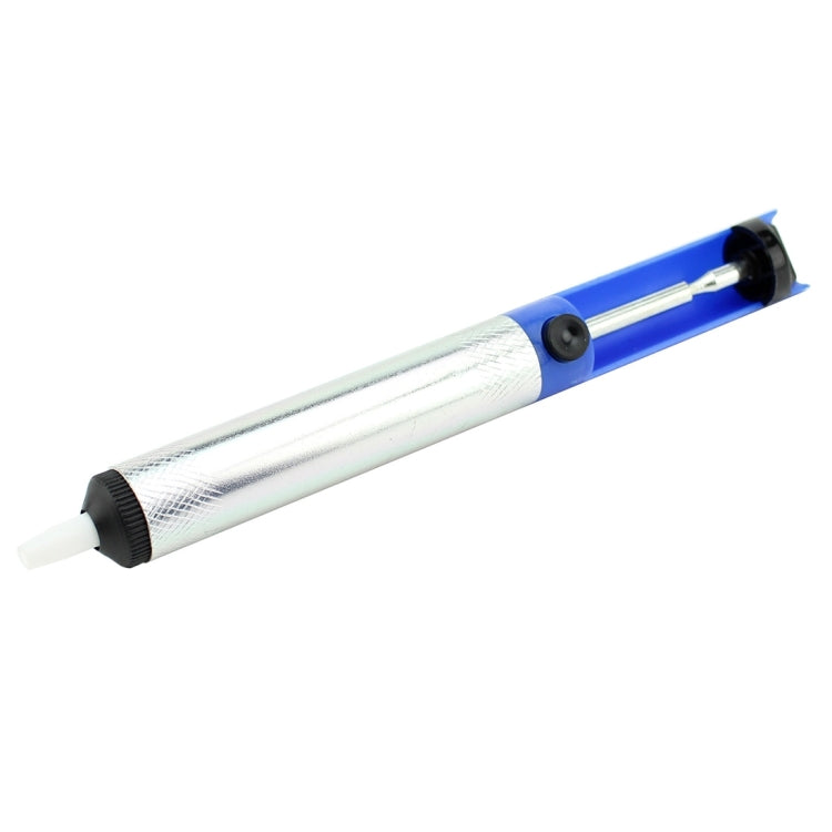Blue and silver desoldering pump tool with black squeeze trigger end