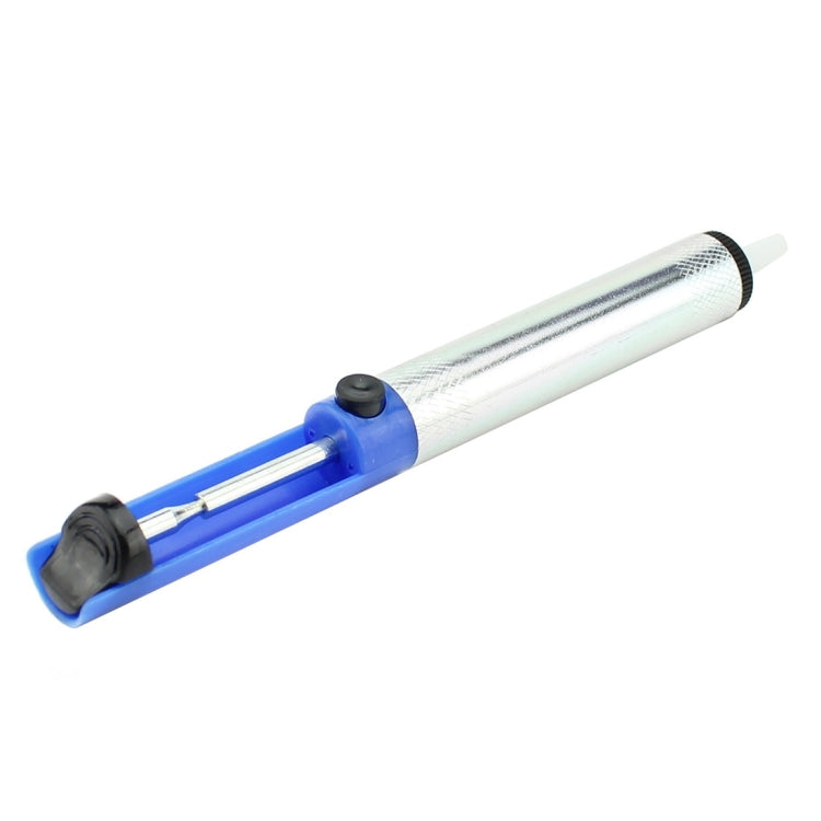 Blue desoldering pump tool with silver mesh body and clear plastic tip