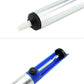 Silver desoldering pump body with black ribbed cap and white suction nozzle