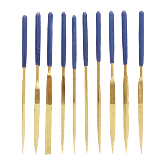 10-piece file tool set with blue handles and gold-plated needle tips