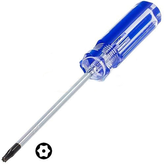 Blue T9 manual screwdriver with star tip, clear plastic grip, and metal shaft