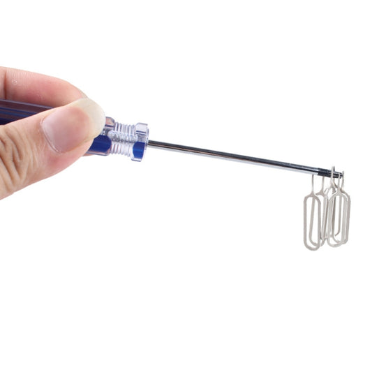 Hand holding a T10 manual screwdriver with blue transparent handle and metal shaft