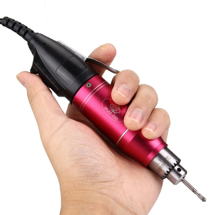 Mini electric grinder with black grip and red metallic body, small drill chuck at tip