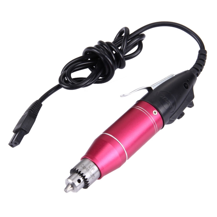 Mini electric grinder with power cord, red metallic barrel and black handle
