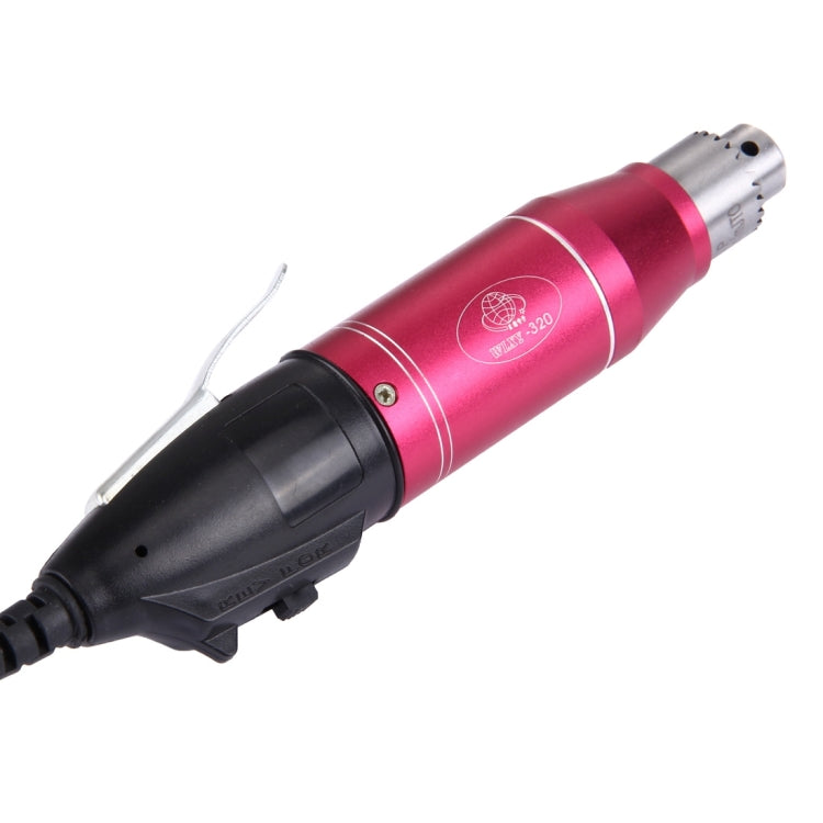 Mini electric grinder with red barrel and metal bit head, side view