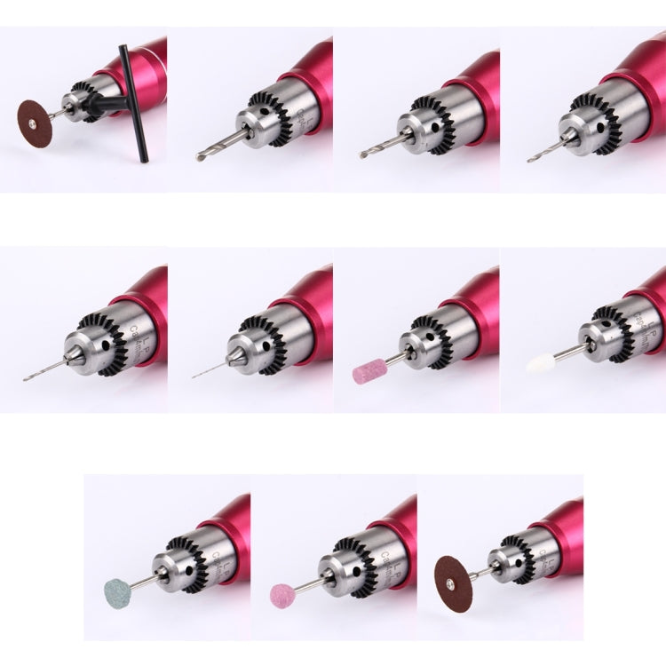 Mini electric grinder showing multiple sanding and cutting accessories