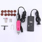 Mini electric grinder kit with charger, cord, drill bits, and sanding discs