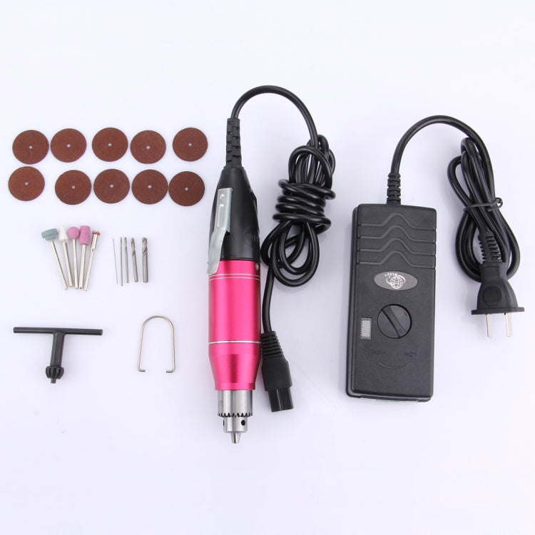 Mini electric grinder kit with charger, cord, drill bits, and sanding discs