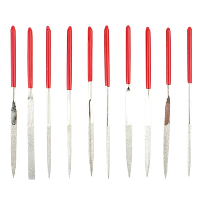 Diamond file set with red handles and gray pointed abrasive tips, 10 pieces