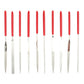Diamond file set with red handles and pointed gray tips, arranged set of 10