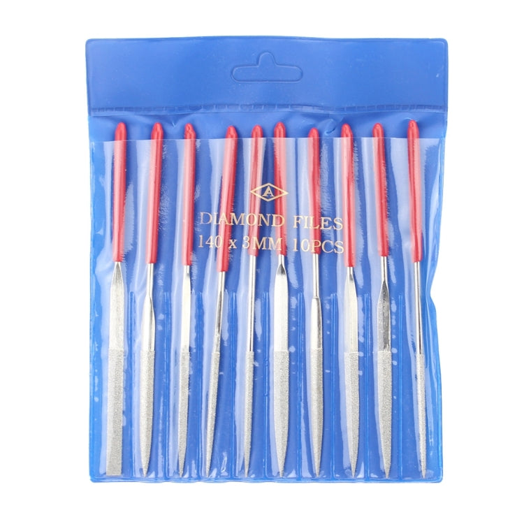 Diamond files set in blue package with red-handled tools, 10 pieces