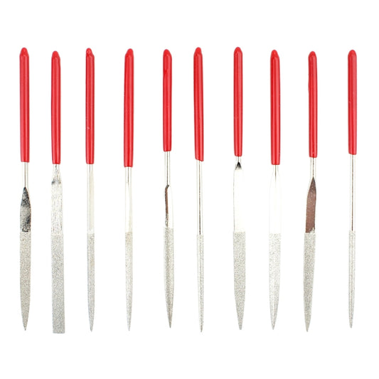 Diamond file set with red handles and gray pointed abrasive tips, 10 pieces