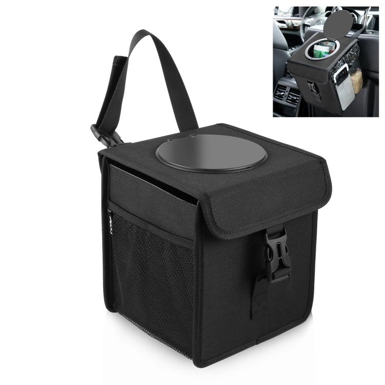 Black folding car back-seat trash can with round lid and top carry handle