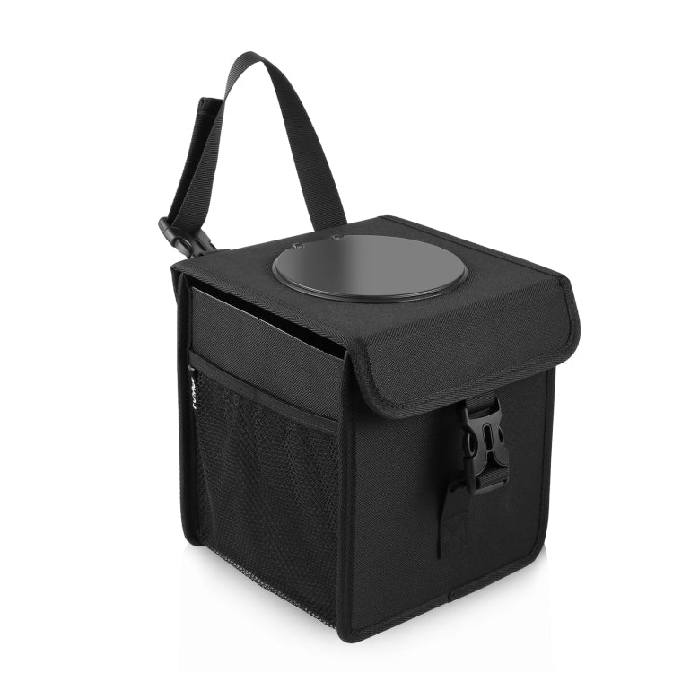 Black foldable car trash box with round flip-top lid and carry handles