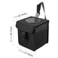 Black car trash can with round lid and side buckle strap, size shown