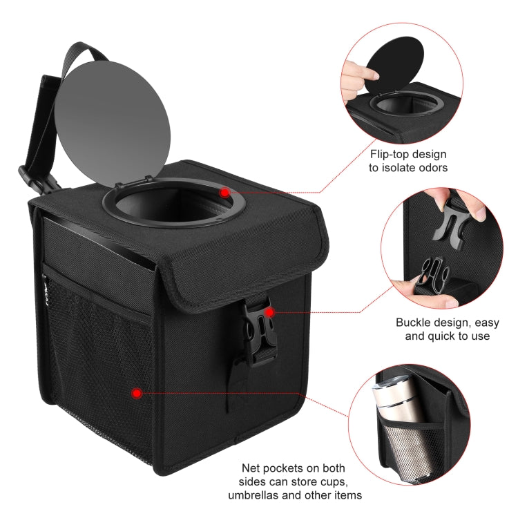 Black car trash can with flip-top lid, side buckles, and front net pocket