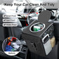 Black car trash can mounted on seat with round lid and side storage pockets