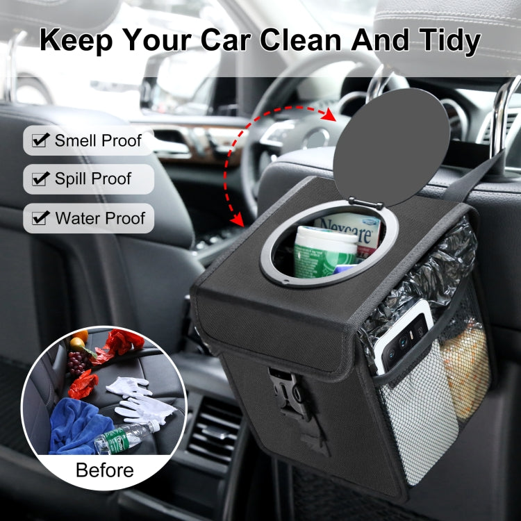 Black car trash can mounted on seat with round lid and side storage pockets