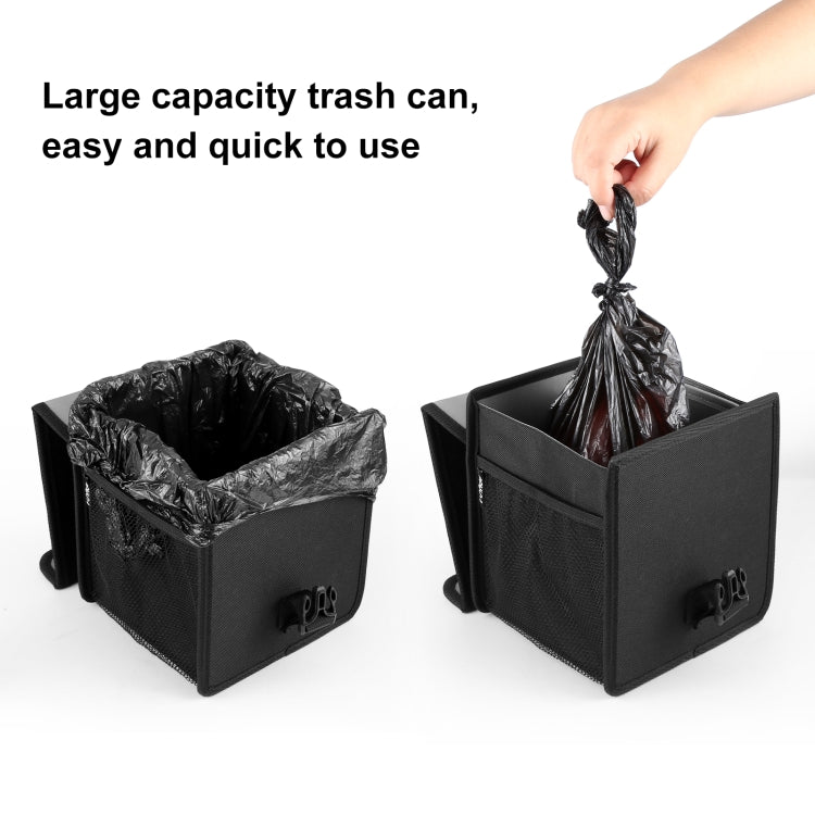 Black car trash can with removable bag view; handles and side buckles shown