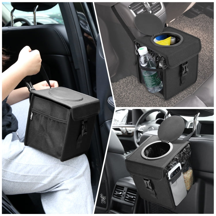 Black folding car back-seat trash can with lid, side storage pockets, and straps