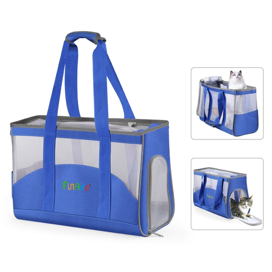 Blue breathable pet tote bag with mesh sides and top handle, side carrying panels