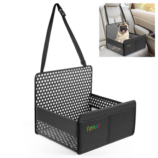 Pet car dog basket with black star-pattern fabric, padded front panel, and hanging strap