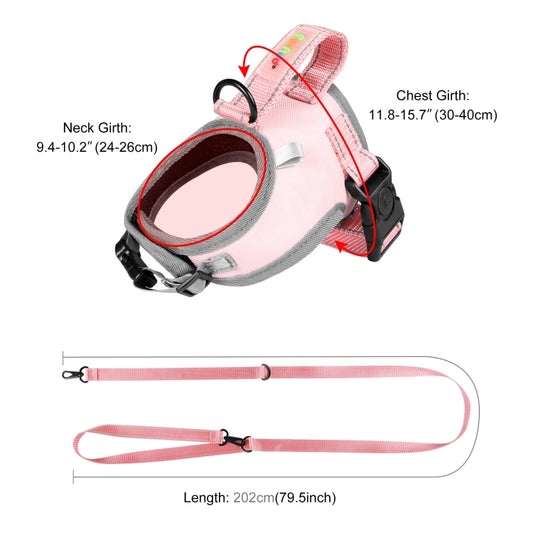 Pink dog vest harness with chest and neck measurement guides and leash length