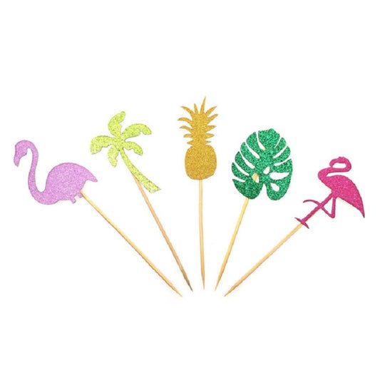 Set of 5 holiday party dessert topper sticks with flamingo, pineapple, leaf, and palm shapes