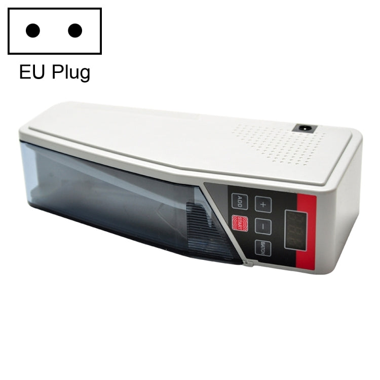 Handheld money counting machine with front control panel and LCD display, EU plug