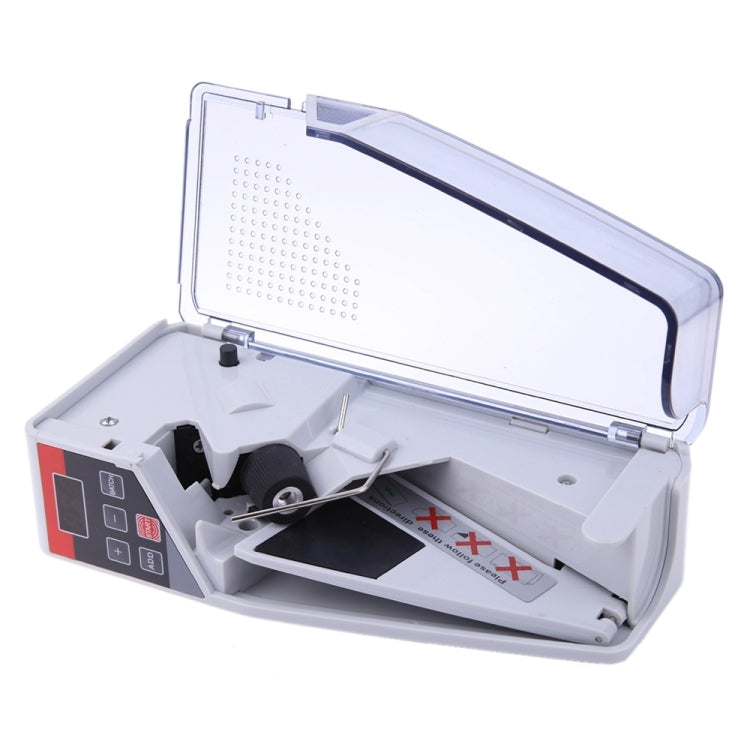 Portable money counting machine with open cover and currency guide feed slot