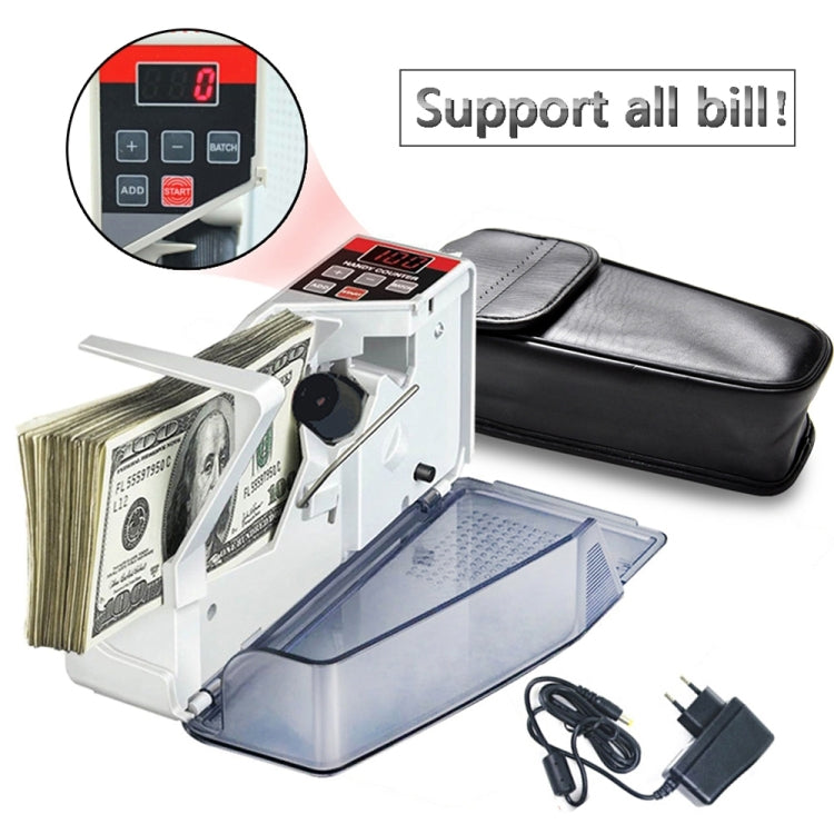 Money counting machine with black carry case, bill feed tray, and power adapter