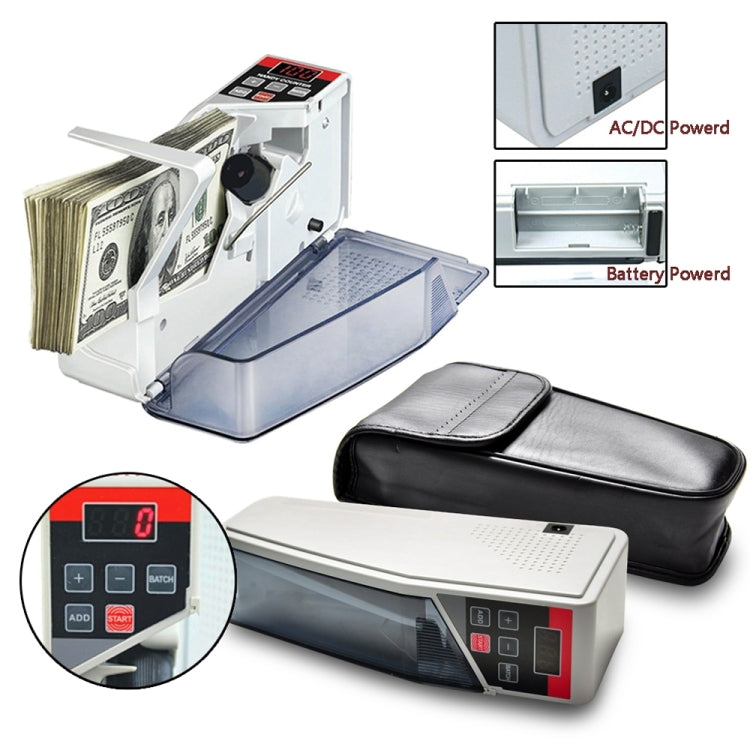 Portable money counter with open housing, clear note tray, and carry pouch