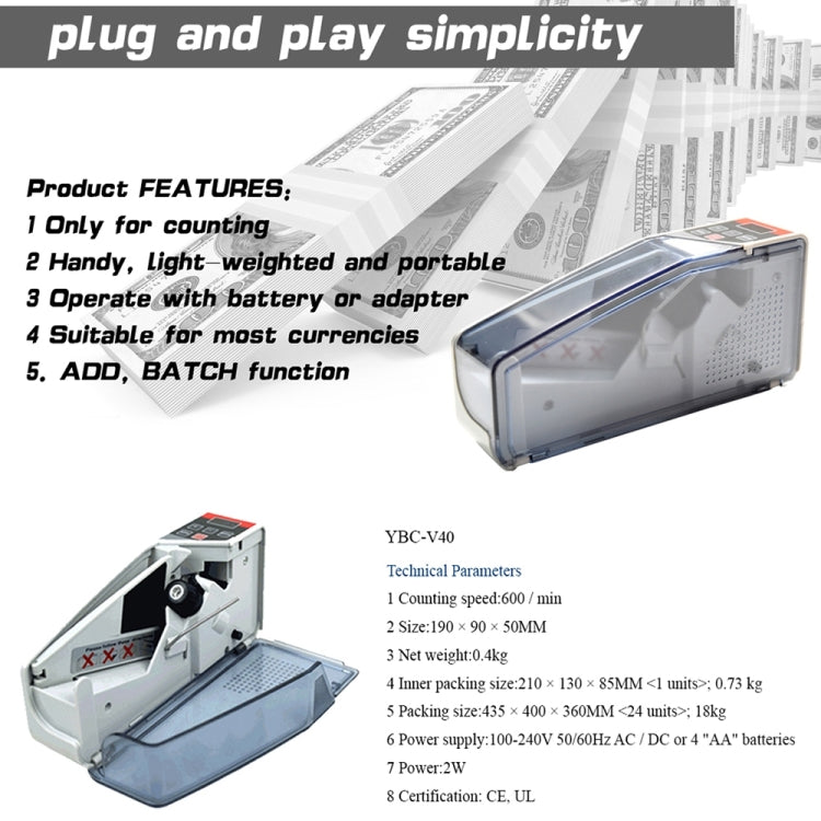 Compact money counting machine with open tray and keypad control area
