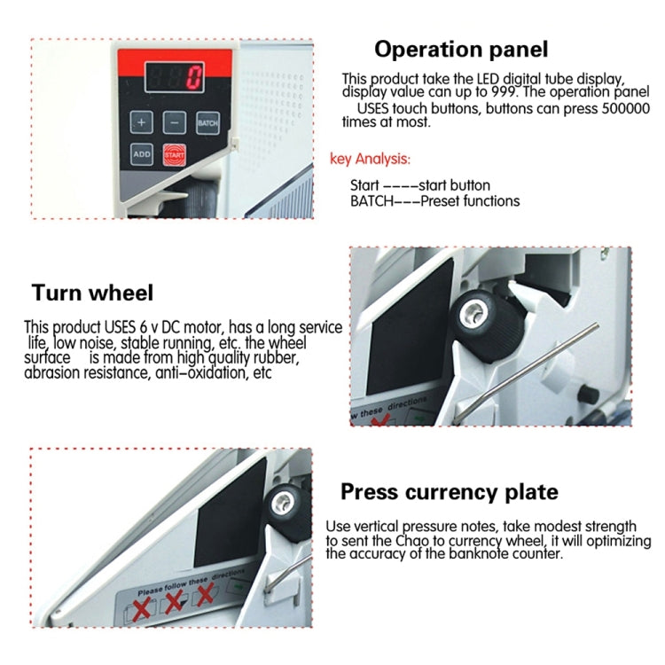 Close-up of money counter operation panel with LCD display and button keys