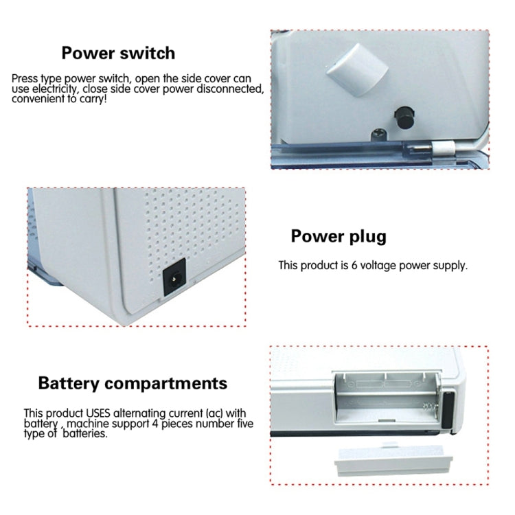 Money counter power switch, plug, and battery compartment side view