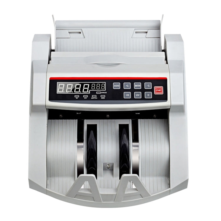 Portable multi-currency currency counter front view with LCD screen and intake rollers
