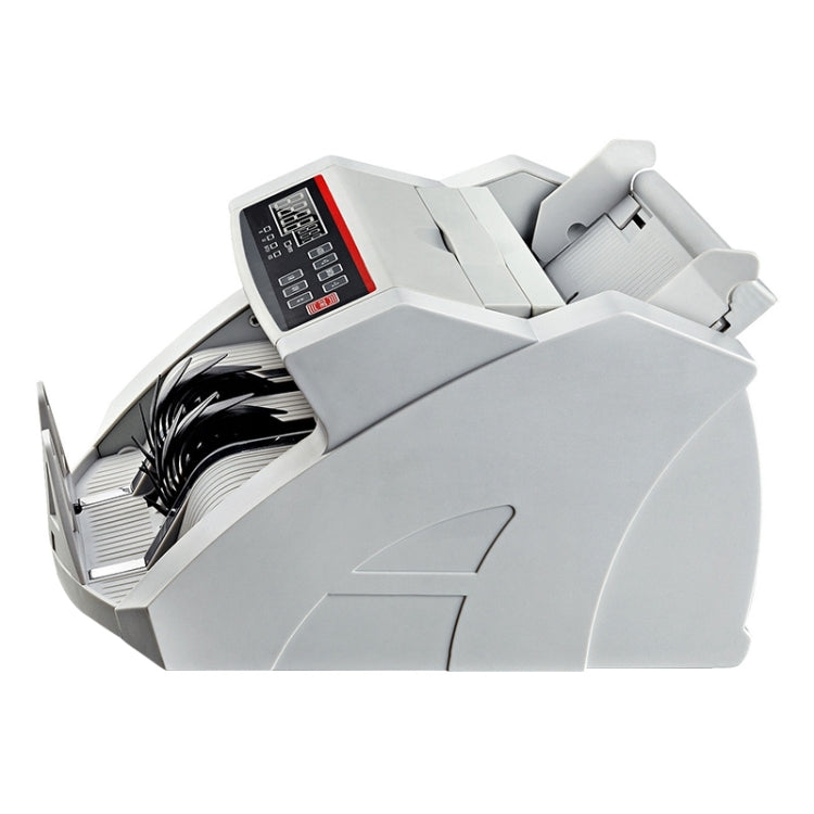 Portable multi-currency currency counter tilted view with top feed tray and keypad