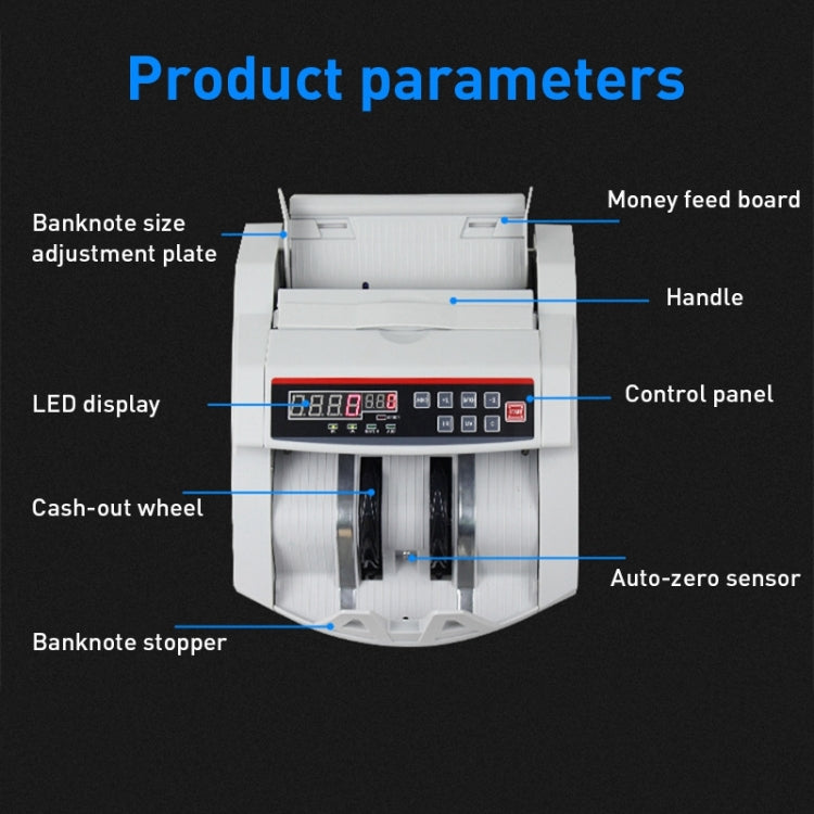 Portable multi-currency currency counter front with control panel and cash-out wheel area