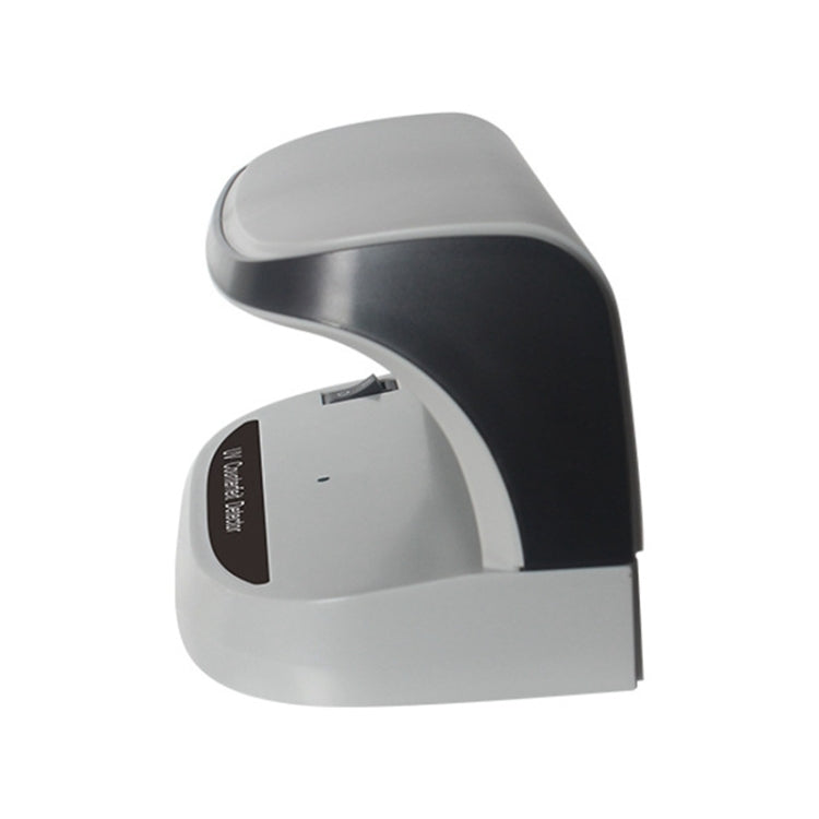 Compact LED UV money detector, side view with label panel on the body