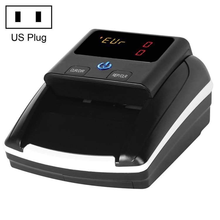 Portable money detector machine with black housing and illuminated LCD display
