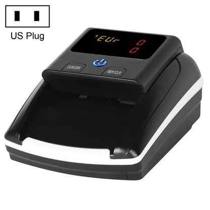 Portable money detector machine with black housing and illuminated LCD display