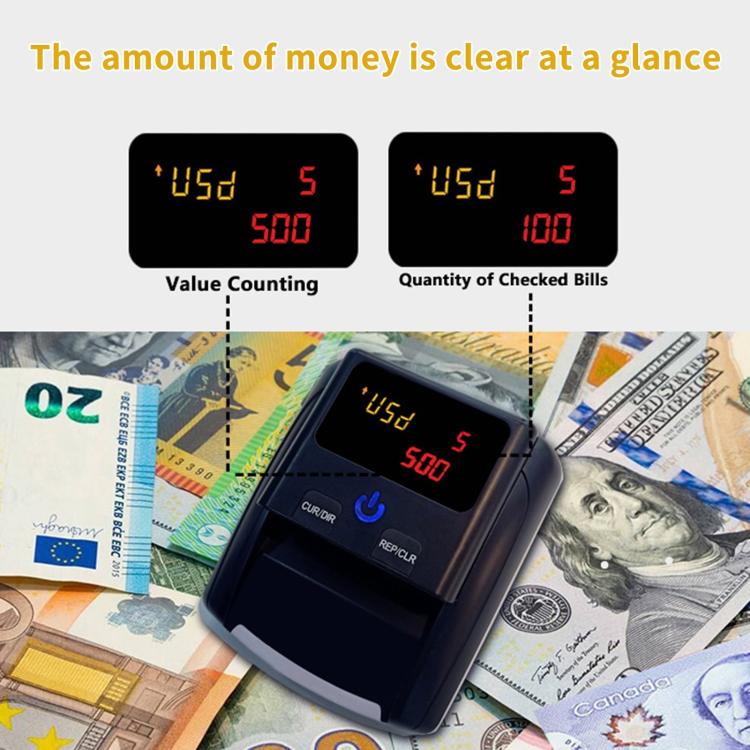 Money detector with LCD showing value and quantity readouts on black screen